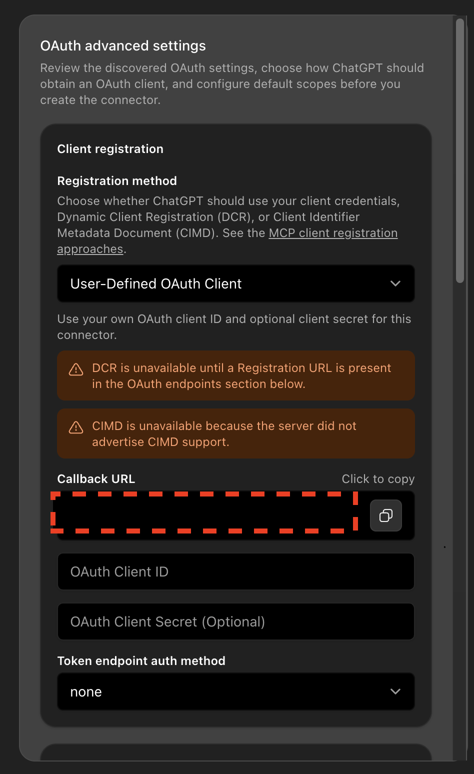 ChatGPT showing the callback URL to copy after entering MCP server URL and OAuth credentials