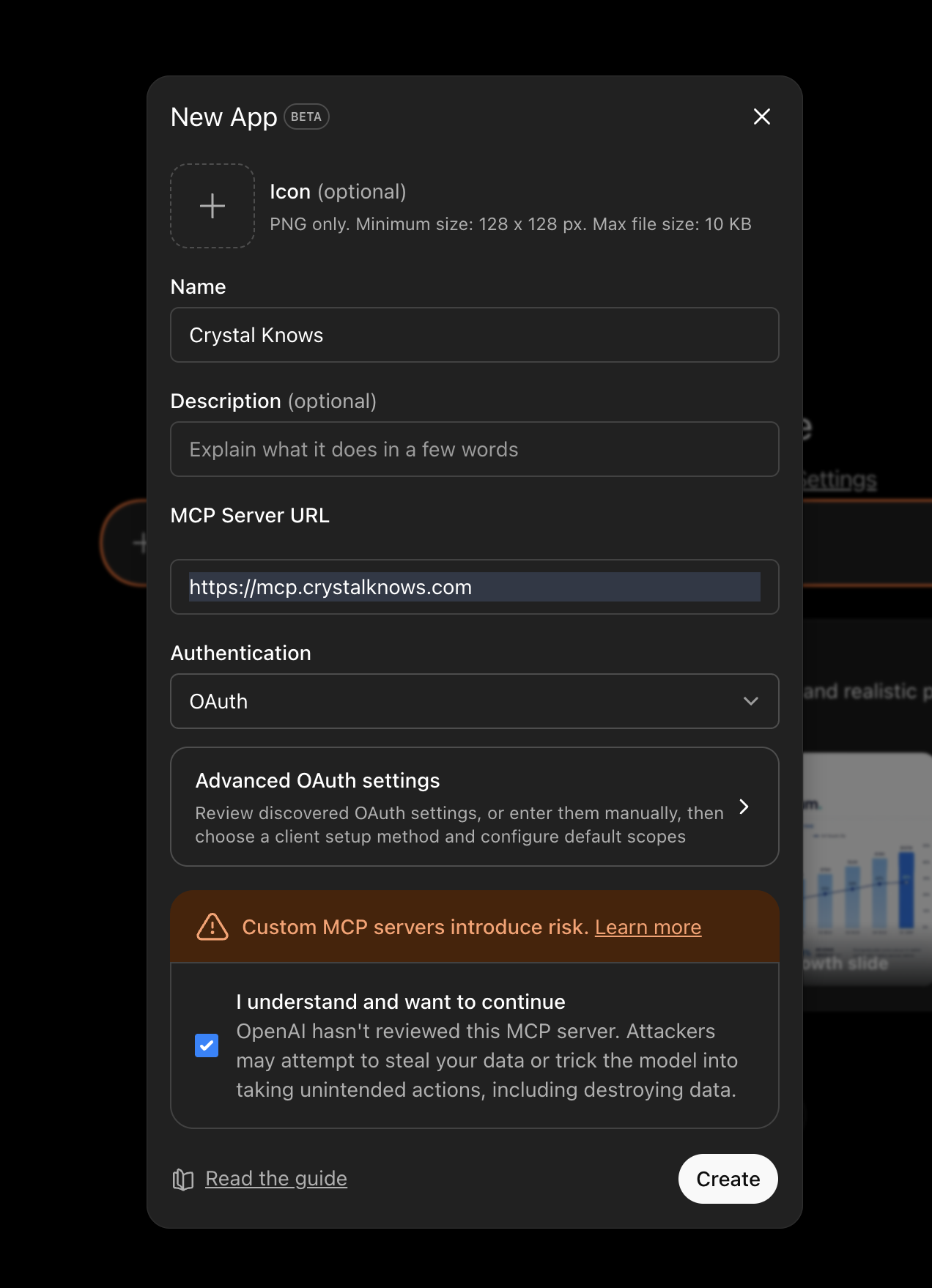 ChatGPT custom connector form with fields for name, MCP server URL, and OAuth credentials