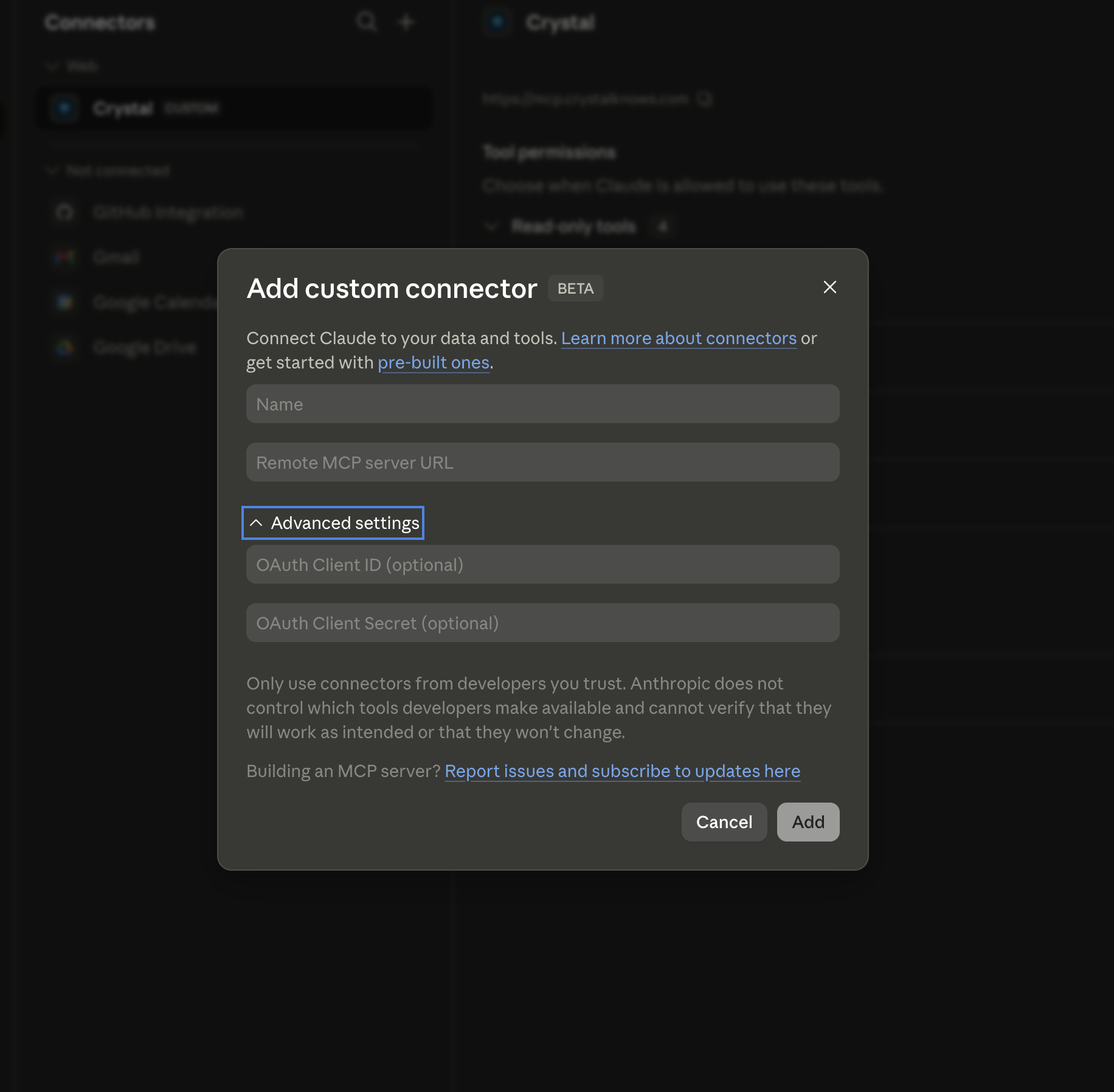 Claude custom connector dialog with fields for name, remote MCP server URL, OAuth client ID, and OAuth client secret