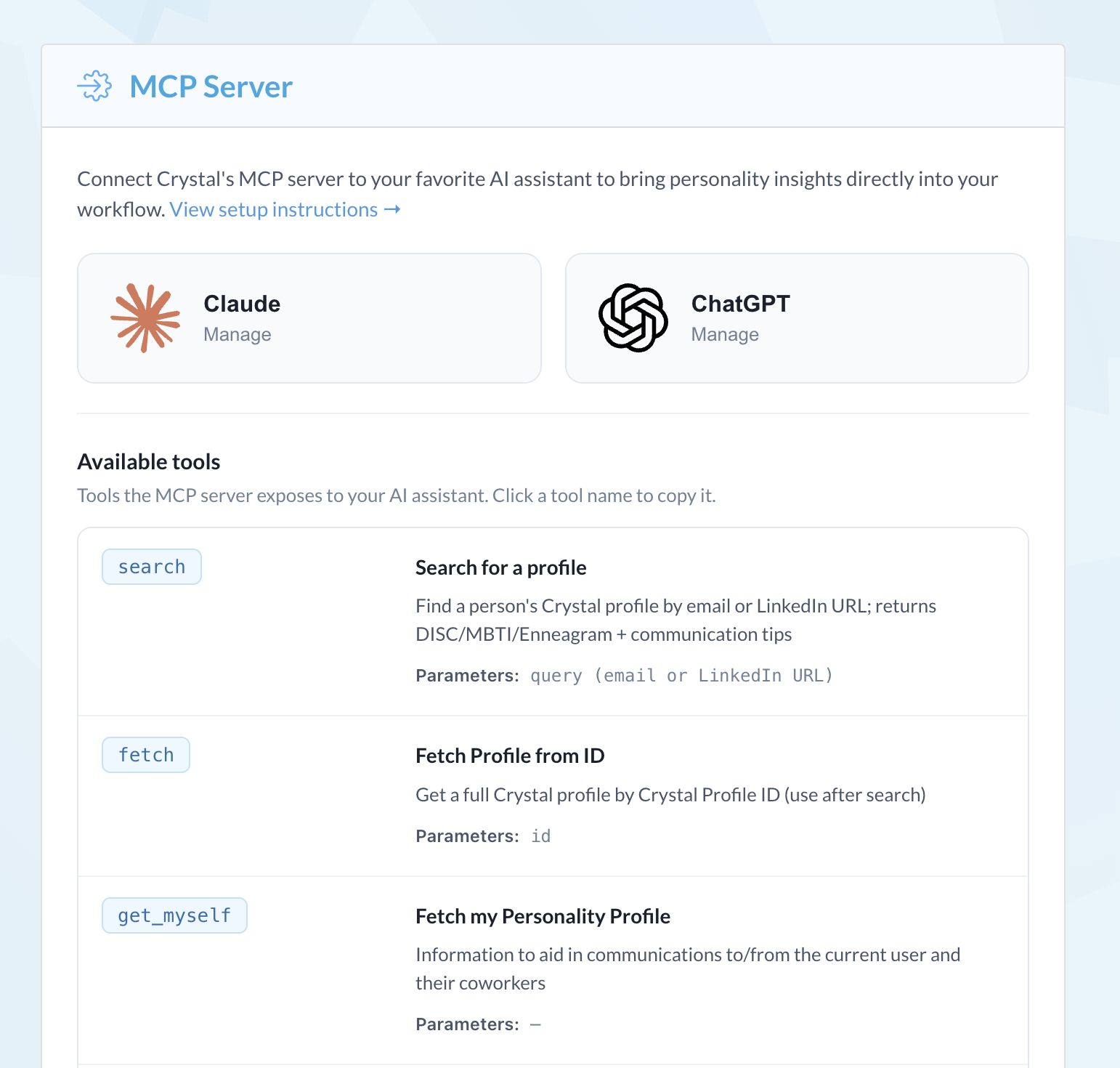 Crystal self-serve MCP server settings page showing client ID and client secret