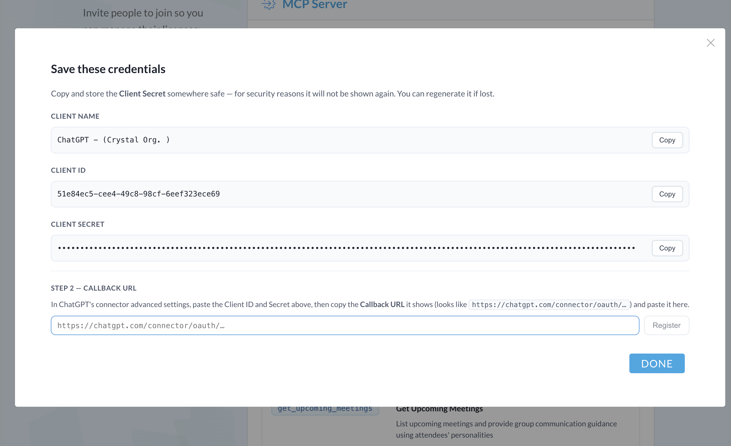 Crystal MCP server settings page with the Callback URLs field where the ChatGPT callback URL is pasted