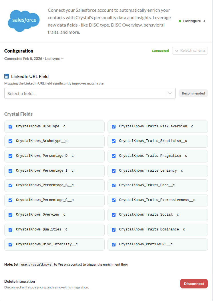 Salesforce configuration screen showing LinkedIn URL Field, Crystal Fields checklist, and the note about setting Use_Crystal to Yes