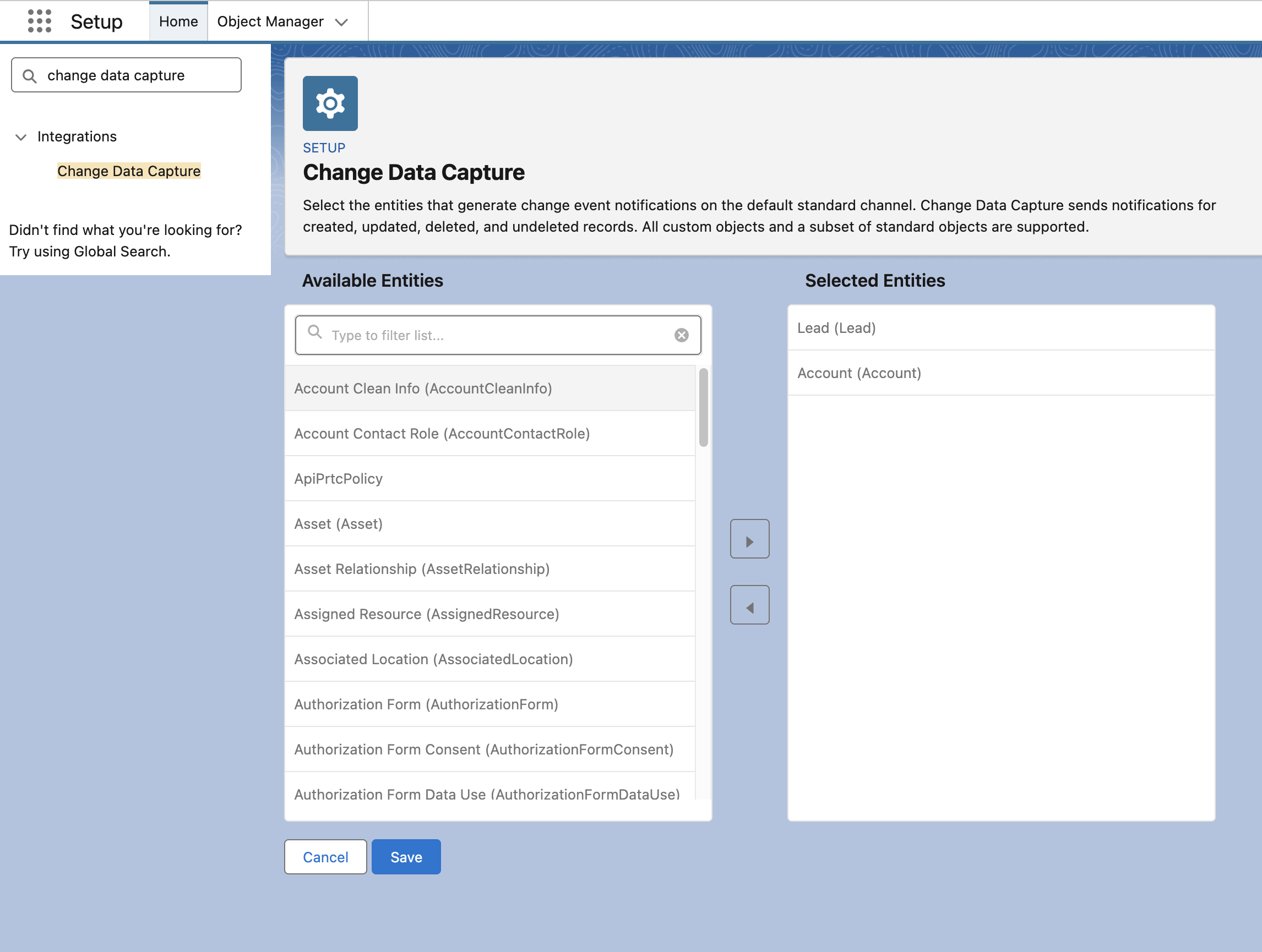 Salesforce Setup → Change Data Capture with Contact and Lead selected